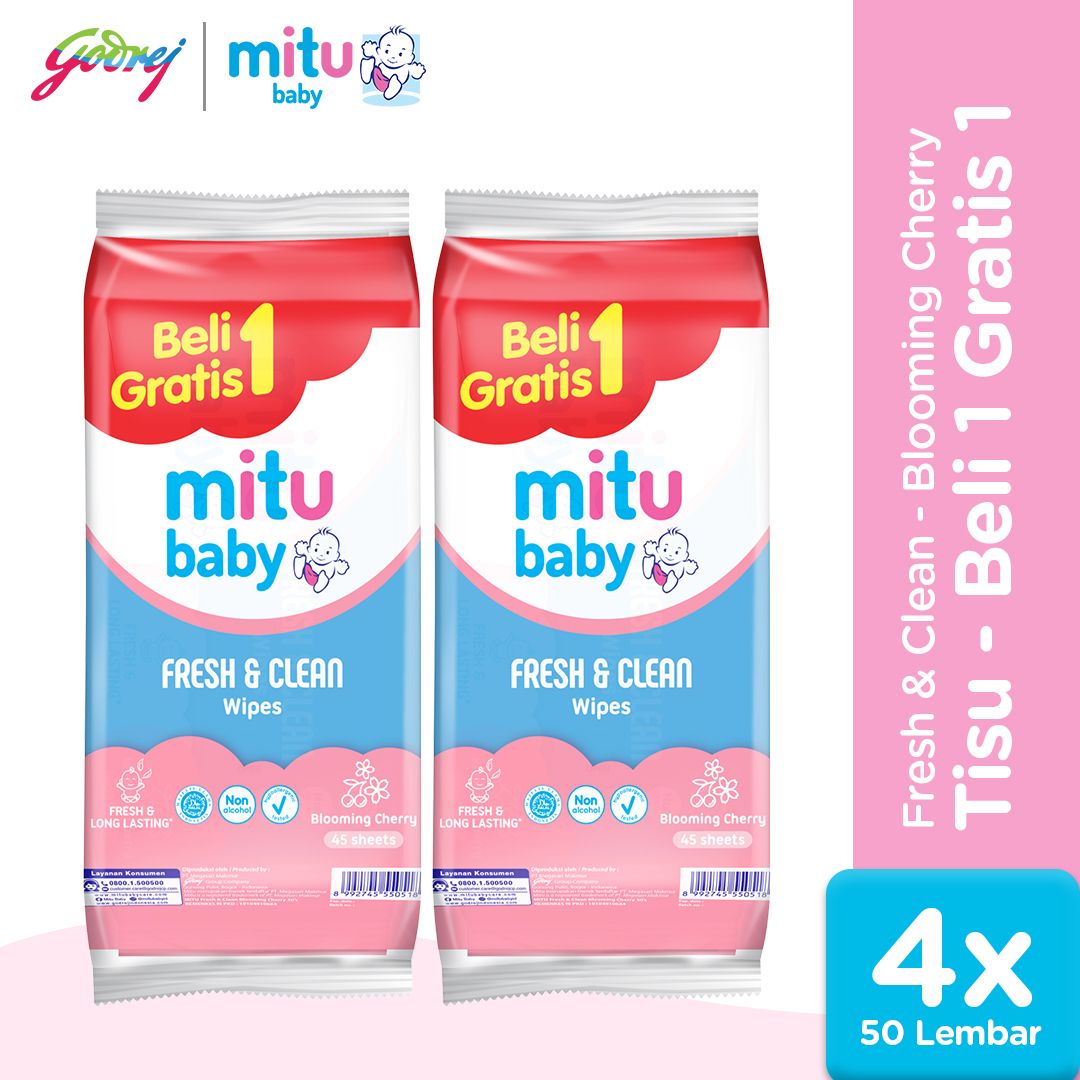 [Beli 1 Gratis 1] Mitu Baby Fresh & Clean Wipes Blooming Cherry 50'S - Tisu Basah Bayi X2 - 1