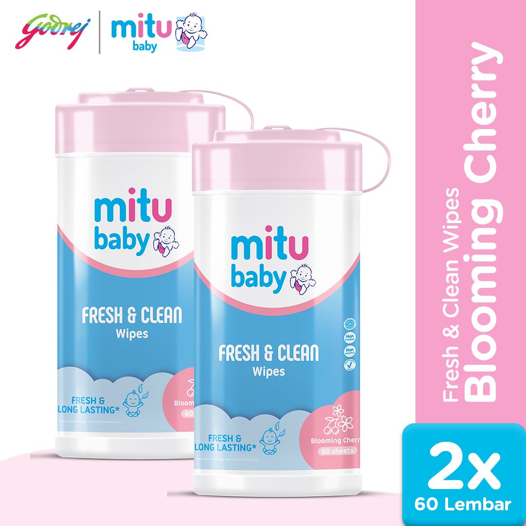 Mitu Baby Fresh & Clean Wipes Blooming Cherry Bottle 60'S - Tisu Basah Bayi X2 - 1