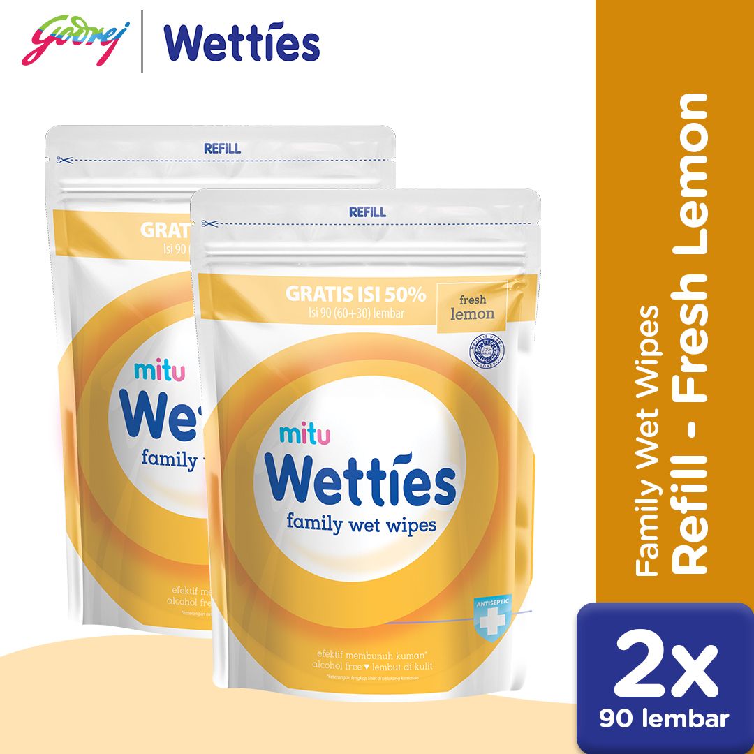 Mitu Wetties Antiseptic Family Wet Wipes Lemon Refill 90'S - Tisu Basah Keluarga X2 - 1