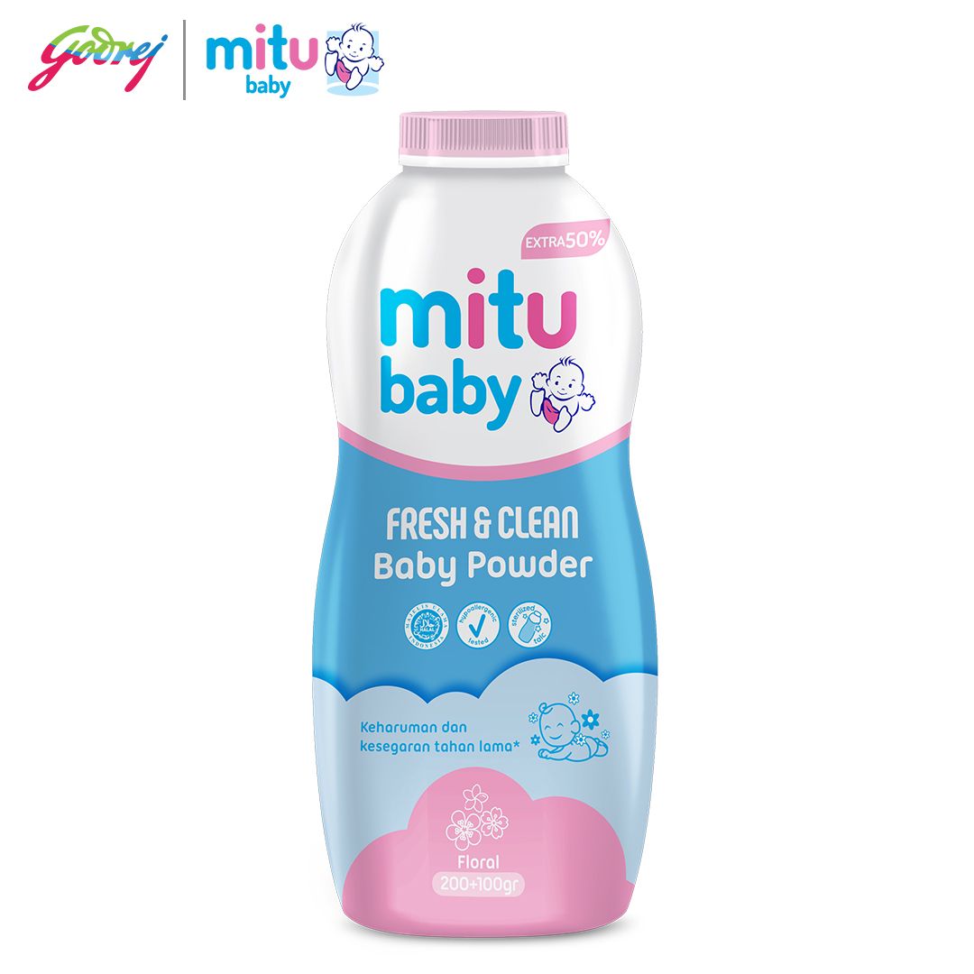 Mitu Baby Powder Fresh & Clean Pink Floral 200 + 100 gr - Bedak Bayi x2 - 2