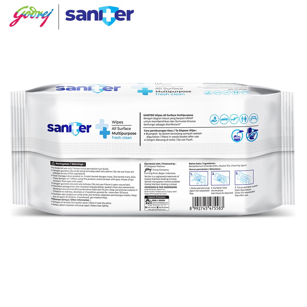Saniter Surface Multipurpose Wipes 40`S - Tisu Basah Antiseptik x2 - 3