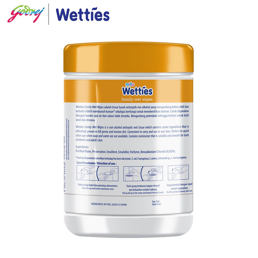Mitu Wetties Antiseptic Family Wet Wipes Fresh Lemon Bottle 90'S - Tisu Basah Keluarga - 3