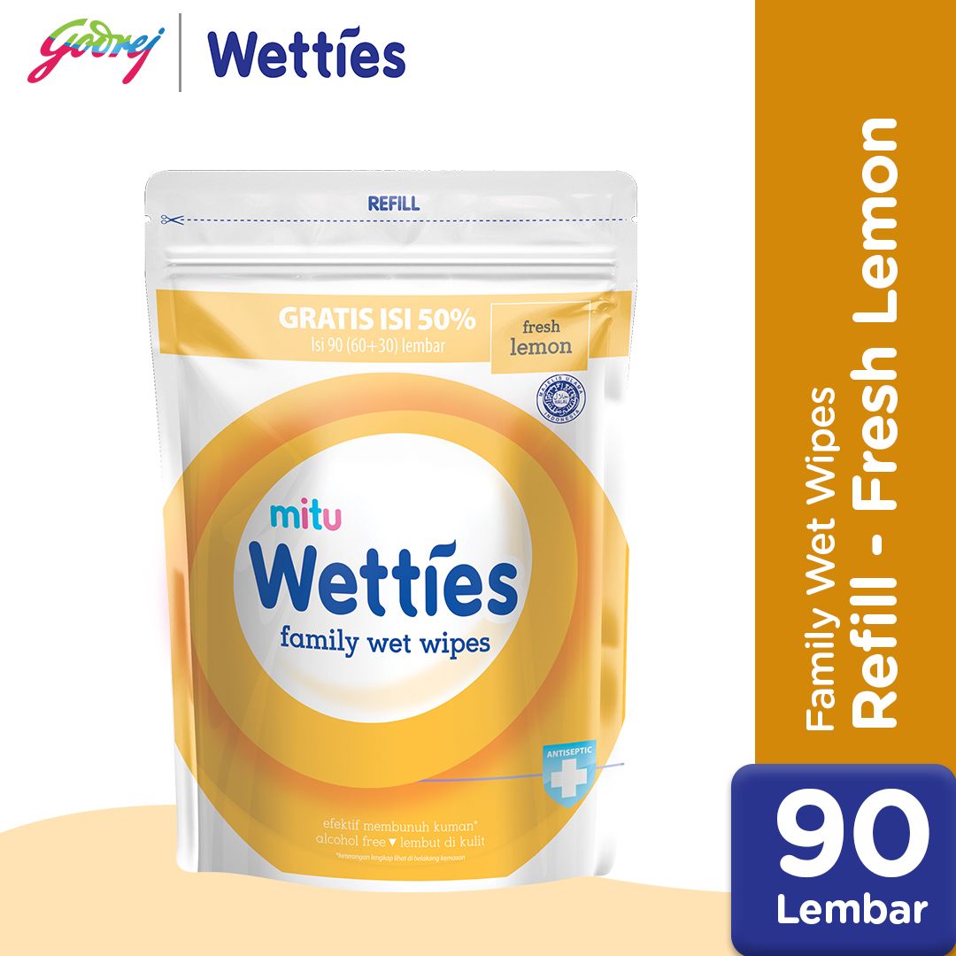 Mitu Wetties Antiseptic Family Wet Wipes Lemon Refill 90'S - Tisu Basah Keluarga - 1
