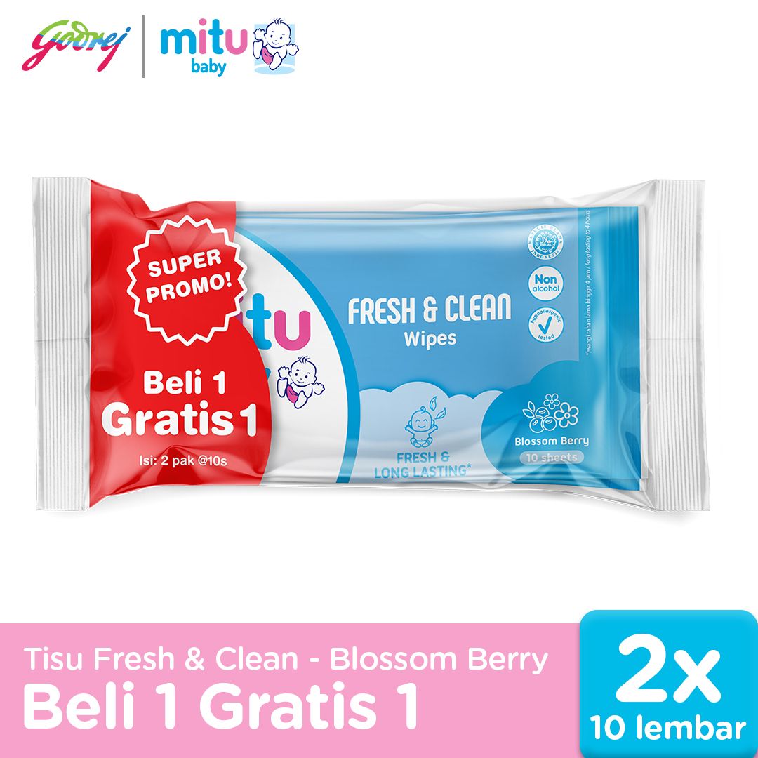 [Beli 1 Gratis 1] Mitu Baby Fresh & Clean Wipes Blossom Berry 10'S - Tisu Basah Bayi - 1