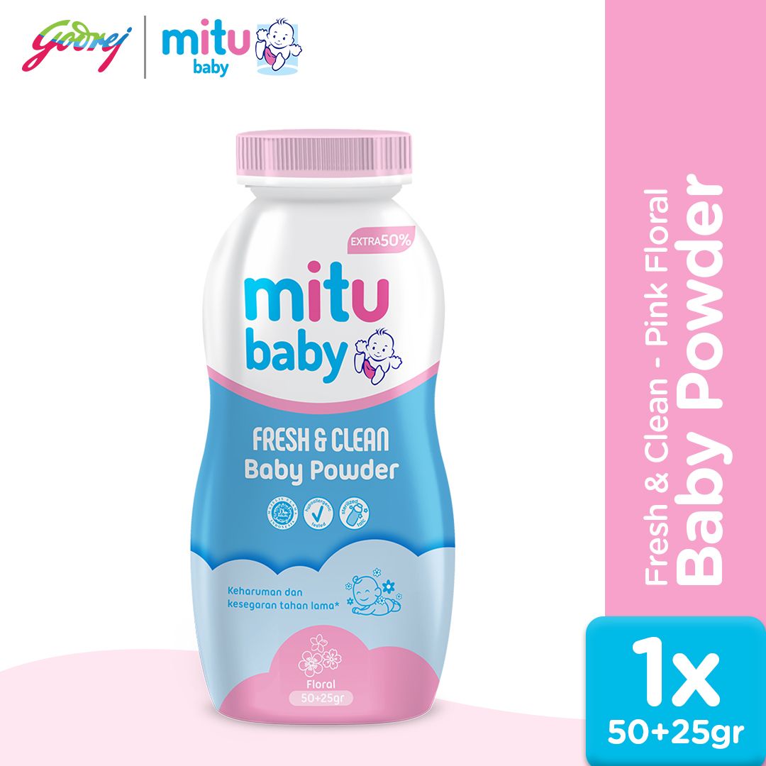 Mitu Baby Powder Fresh & Clean Pink Floral 50 gr + 50% - Bedak Bayi - 1