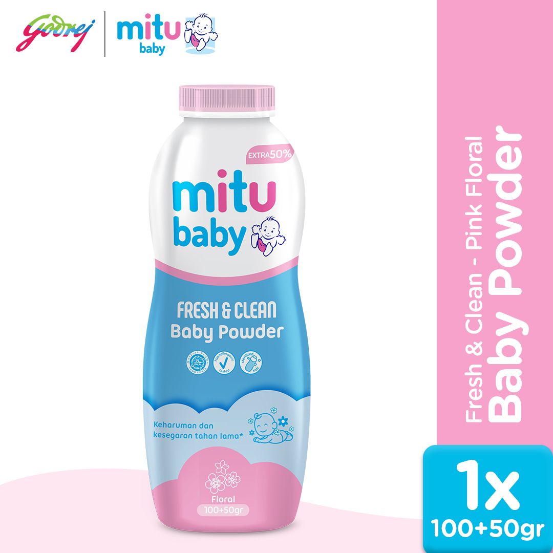 Mitu Baby Powder Fresh & Clean Pink Floral 100 + 50 gr - Bedak Bayi - 1