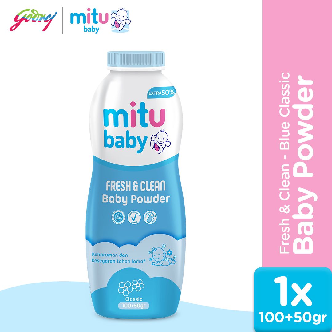 Mitu Baby Powder Fresh & Clean Blue Classic 100 + 50 gr - Bedak Bayi - 1