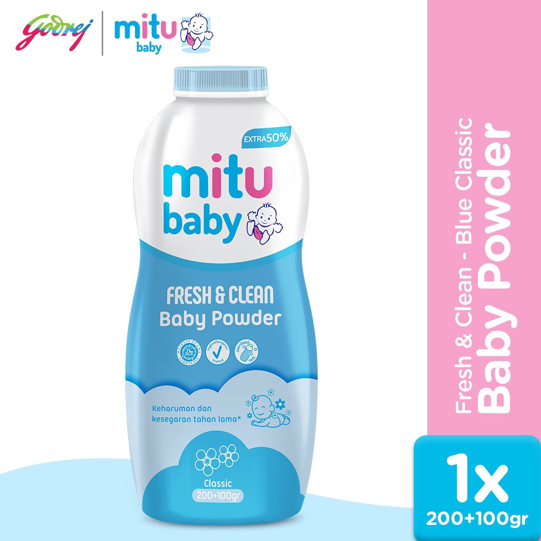 Mitu Baby Powder Fresh & Clean Blue Classic 200 + 100 gr - Bedak Bayi - 1