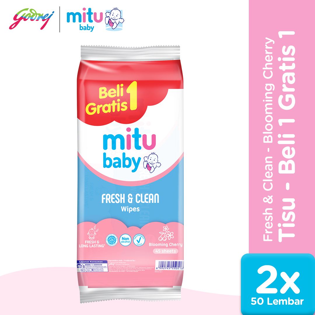 [Beli 1 Gratis 1] Mitu Baby Fresh & Clean Wipes Blooming Cherry 50'S - Tisu Basah Bayi - 1