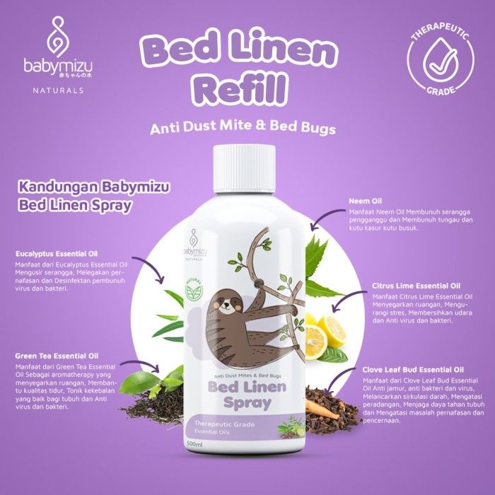 BABYMIZU Bed Linen Spray Natural Refill 500 ml - Spray Anti Tungau. Kutu Kasur. Bacterial & Virus - 2