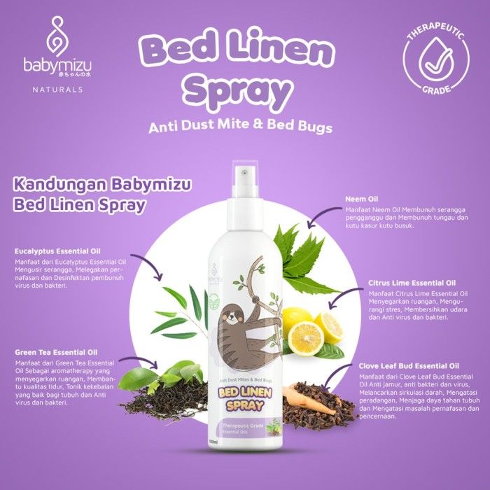 BABYMIZU Bed Linen Spray Natural - Spray Anti Tungau. Kutu Kasur. Semut. Bacterial & Virus 250ml - 2
