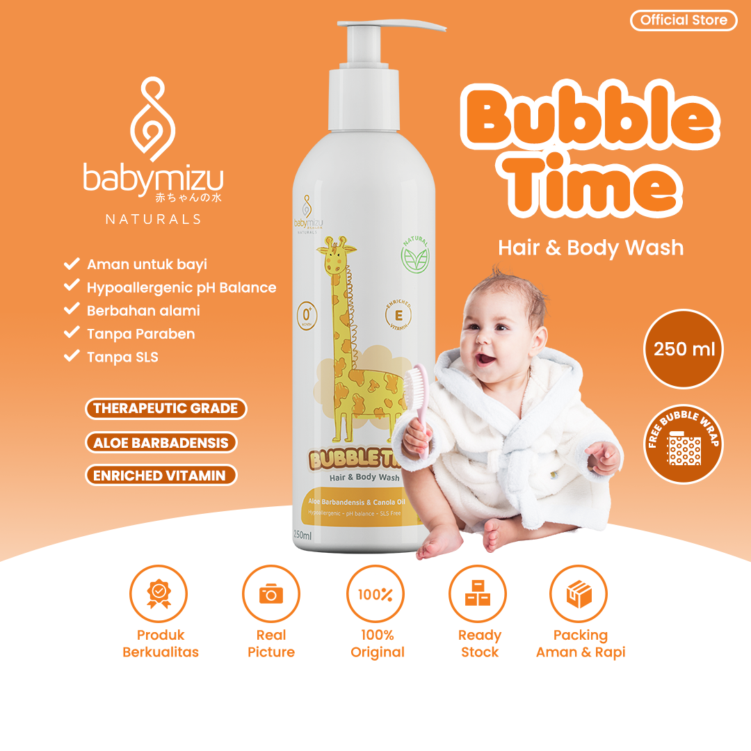 BABYMIZU Bubble Time - Non SLS Sabun Shampo Bayi - Hypoallergenic Hair & Body Wash Natural 250 ml - 1