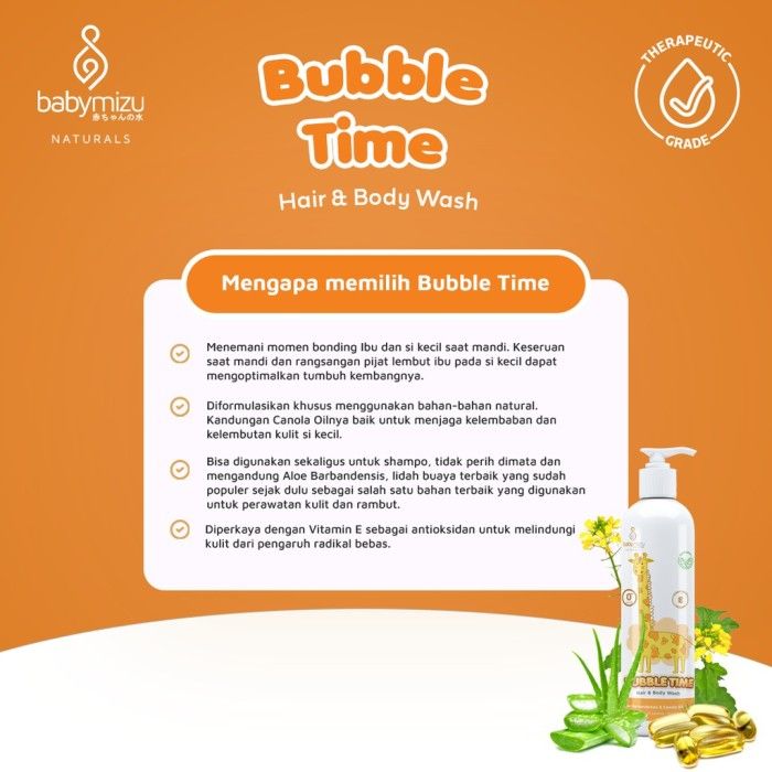 BABYMIZU Bubble Time - Non SLS Sabun Shampo Bayi - Hypoallergenic Hair & Body Wash Natural 250 ml - 3