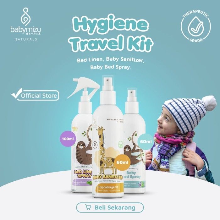 BABYMIZU Hygiene Travel Kit Naturals - Bed Linen Spray + Baby Sanitizer + Baby Bed spray - 1