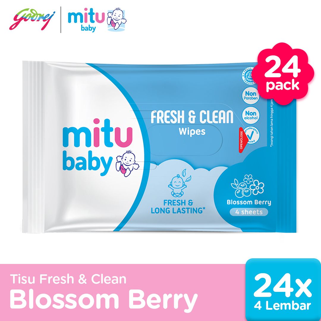 Mitu Baby Tissue Fresh & Clean Blue Blossom Berry - 4s - Tisu Basah Bayi x24 - 1
