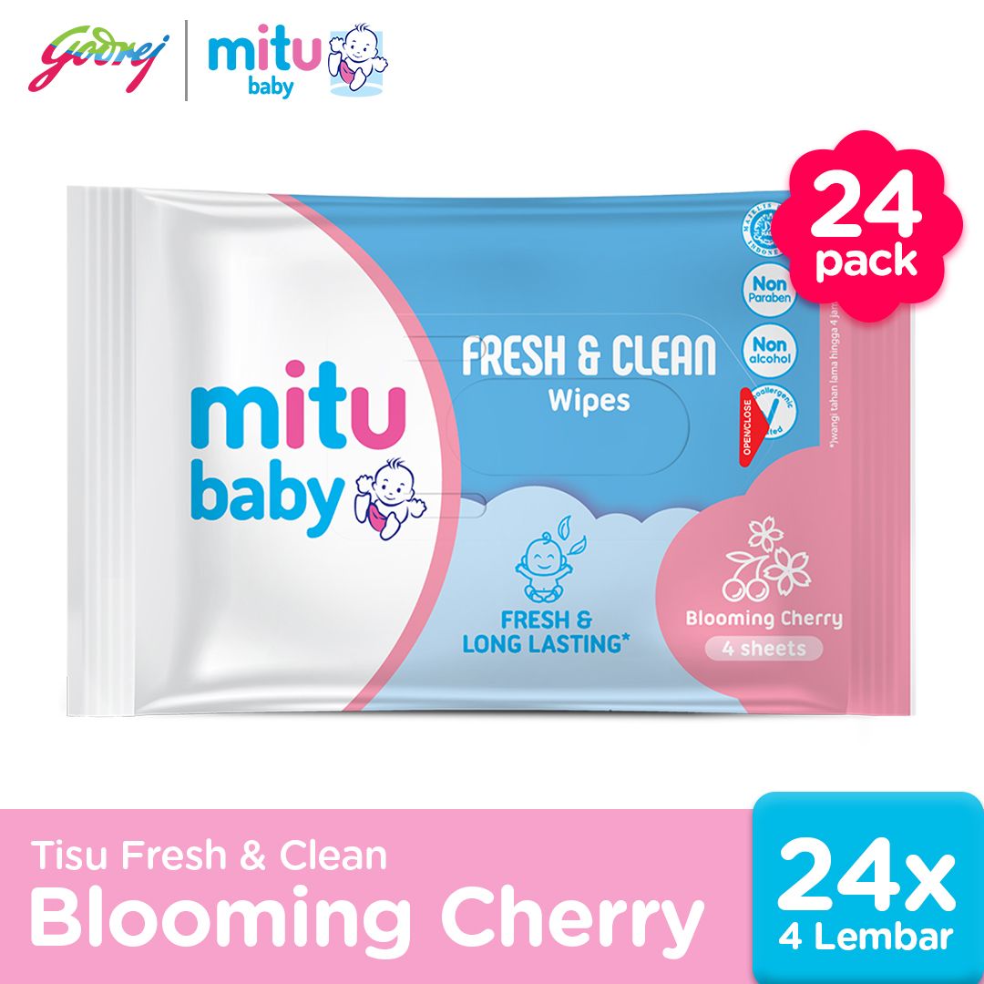 Mitu Baby Tissue Fresh & Clean Pink Blooming Cherry - 4s - Tisu Basah Bayi x24 - 1