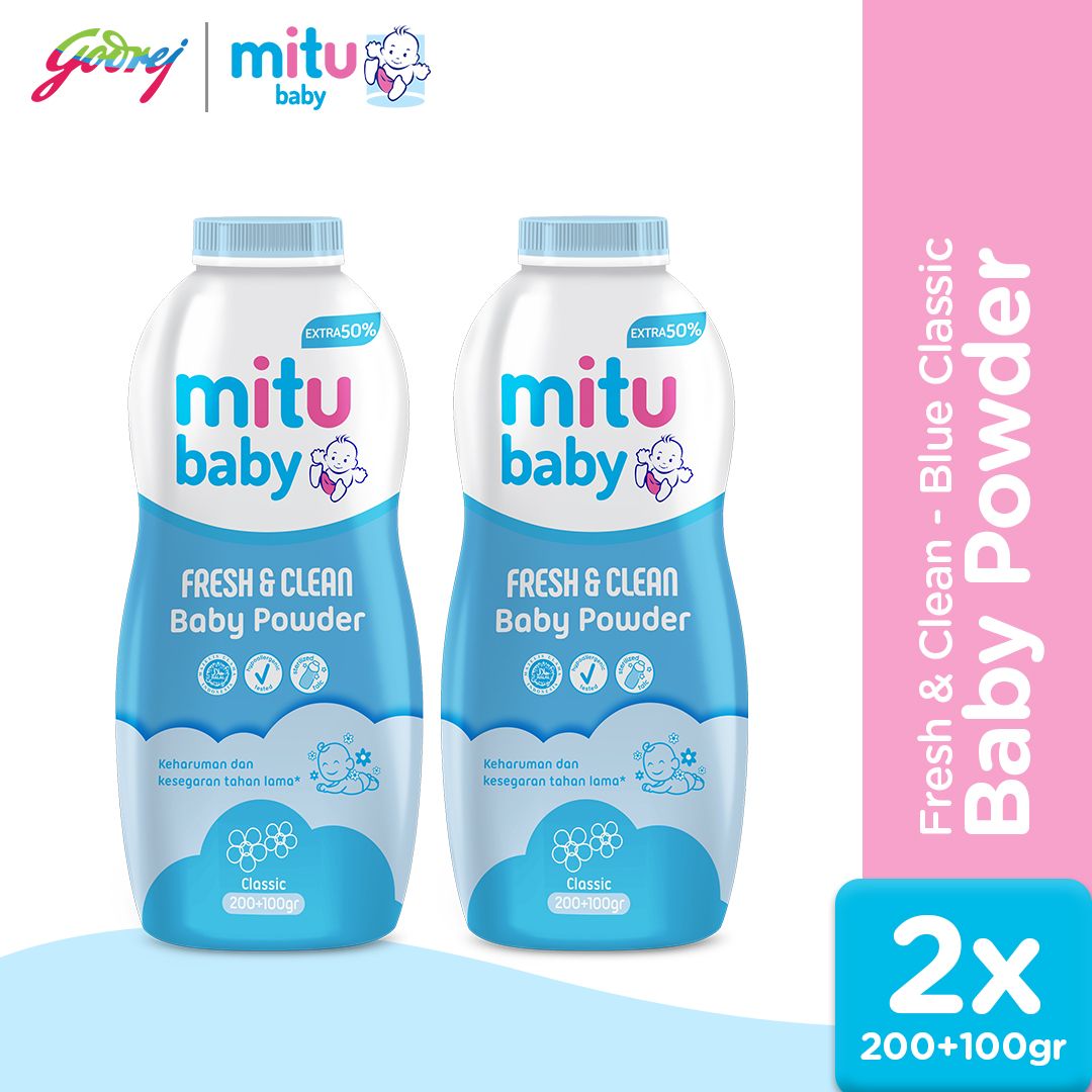 Mitu Baby Powder Fresh & Clean Blue Classic 200 + 100 gr - Bedak Bayi x2 - 1
