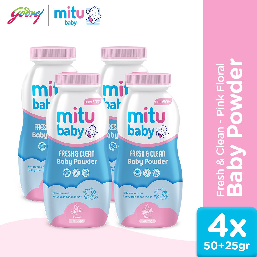 Mitu Baby Powder Fresh & Clean Pink Floral 50 gr + 50% - Bedak Bayi x4 - 1