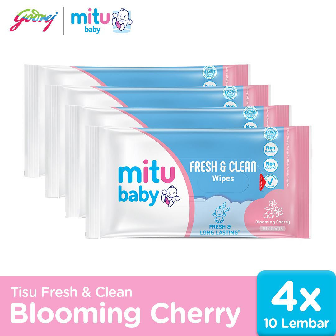 Mitu Baby Tissue Fresh & Clean Pink Blooming Cherry 10s - Tisu Basah Bayi x4 - 1