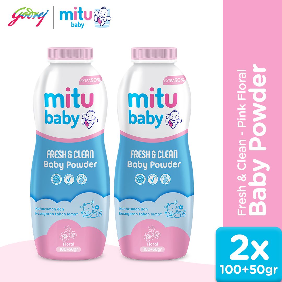 Mitu Baby Powder Fresh & Clean Pink Floral 100 + 50 gr - Bedak Bayi x2 - 1