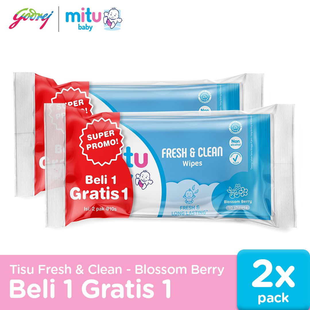 [Beli 1 Gratis 1] Mitu Baby Fresh & Clean Wipes Blossom Berry 10'S - Tisu Basah Bayi x2 - 1