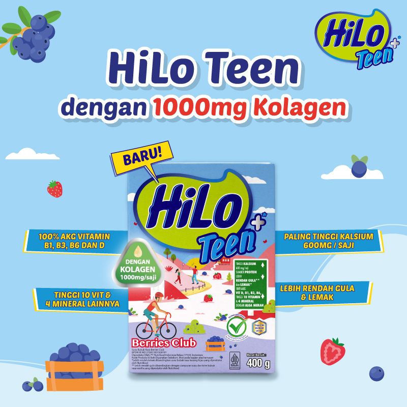 HiLo Teen+ Collagen Mix Berries Club 400g - Susu Tinggi Kalsium dan Kulit Sehat | 2HC0110021 - 2