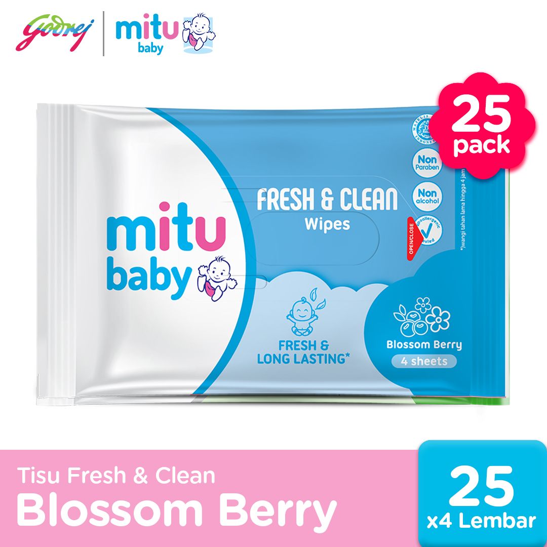 Mitu Baby Tissue Fresh & Clean Blue Blossom Berry - 4s - Tisu Basah Bayi x25 - 1