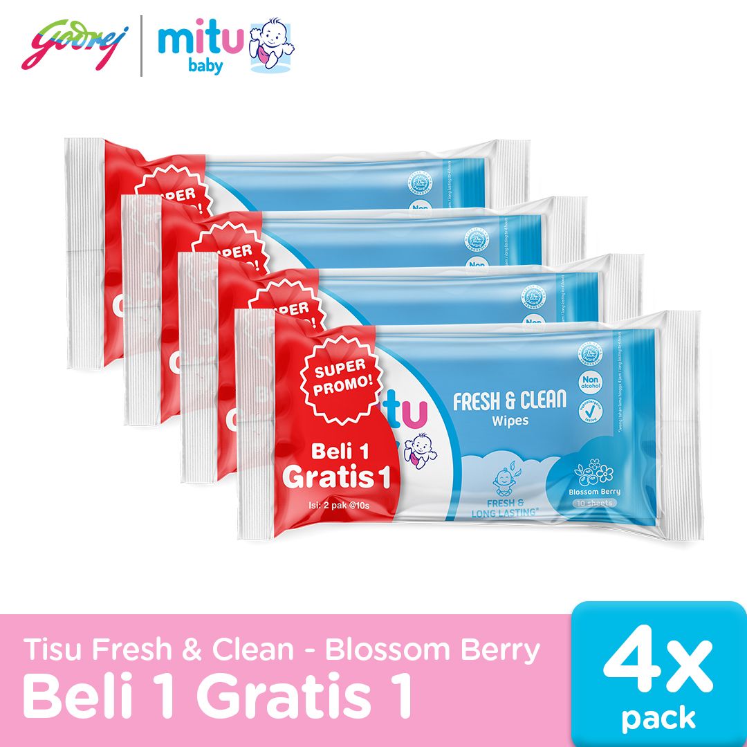 [Beli 1 Gratis 1] Mitu Baby Fresh & Clean Wipes Blossom Berry 10'S - Tisu Basah Bayi X4 - 1
